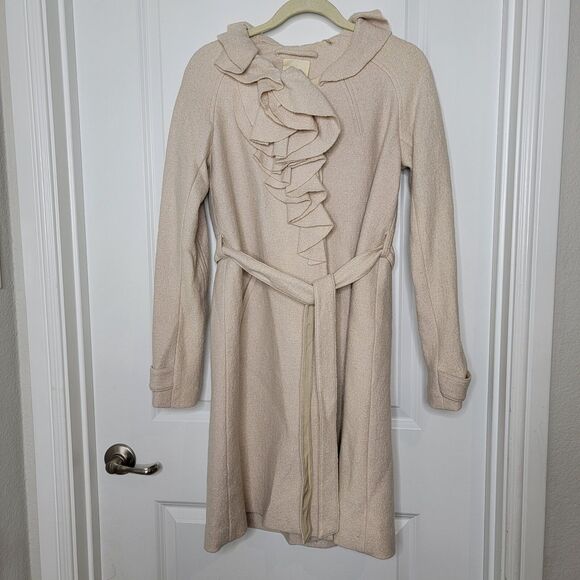 Rebecca Taylor Womens Sz 4 Belted Coat Wool Blend Long Beige Ruffle Collar Retro - Picture 1 of 13